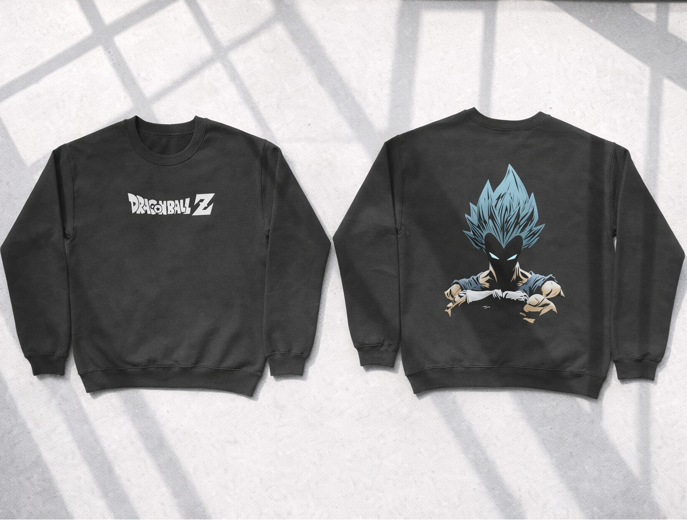 Black sweatshirt with 'Dragon Ball Z' logo on front and character design on back